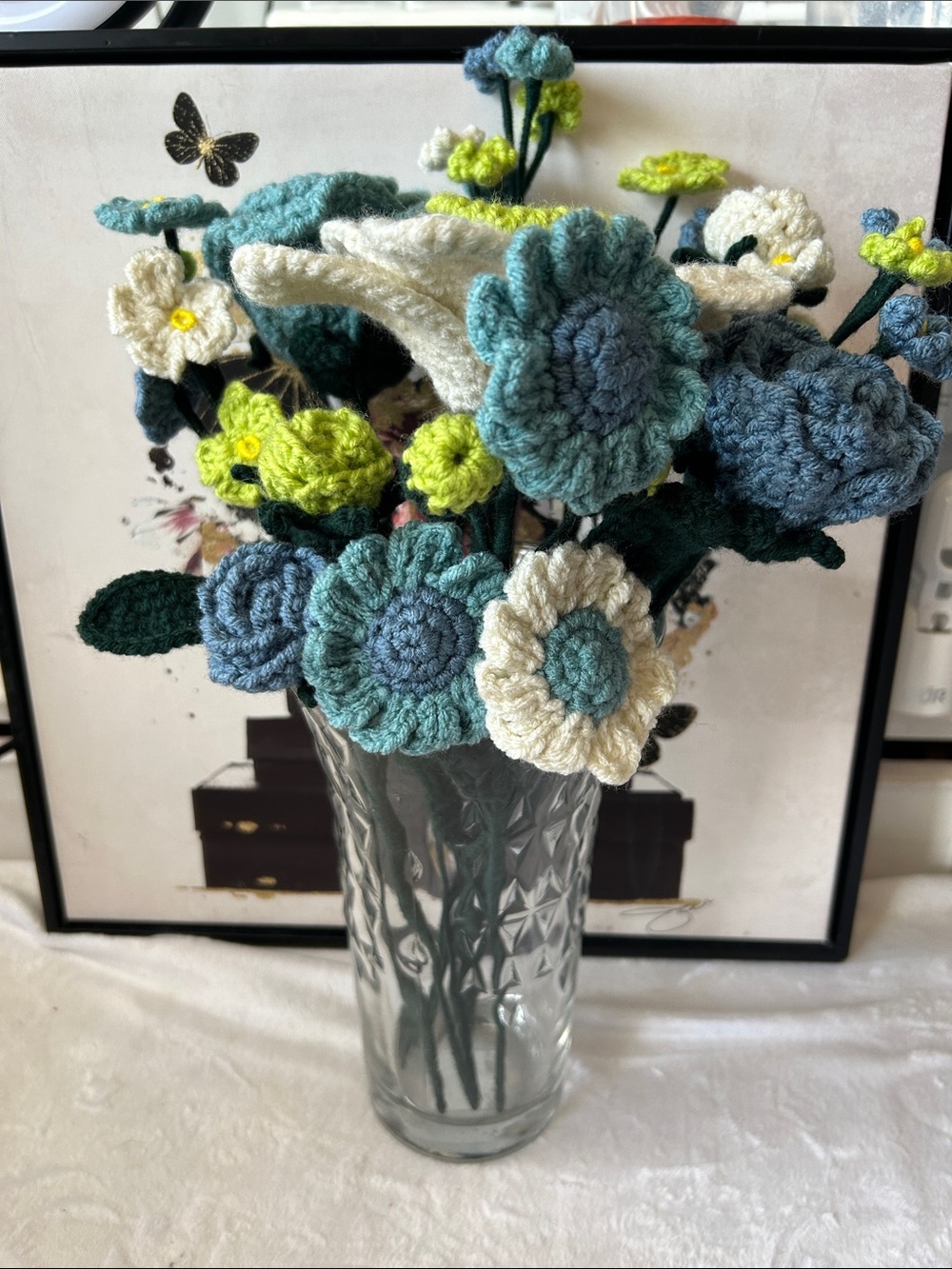 Handmade Crocheted Blue & Cream Flower Bouquet - Home Accents